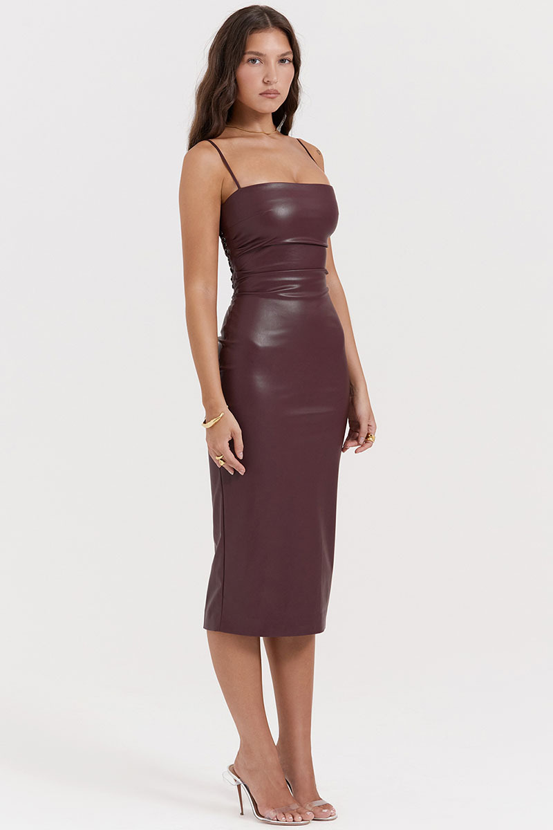 Lace Up Back Cocktail Party Leather Slip Midi Dresses-Hayhty.All Rights Reserved.