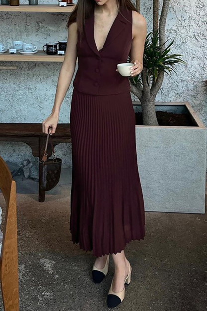 Deep V Neck Waistcoat Pleated Midi Skirt Matching Set-Burgundy-Hayhty.All Rights Reserved.
