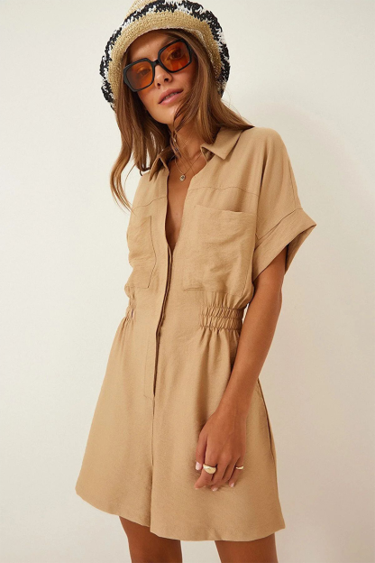 Turndown Collar Short Sleeve Pockets Solid Color Casual Playsuit Romper-Khaki-Hayhty.All Rights Reserved.