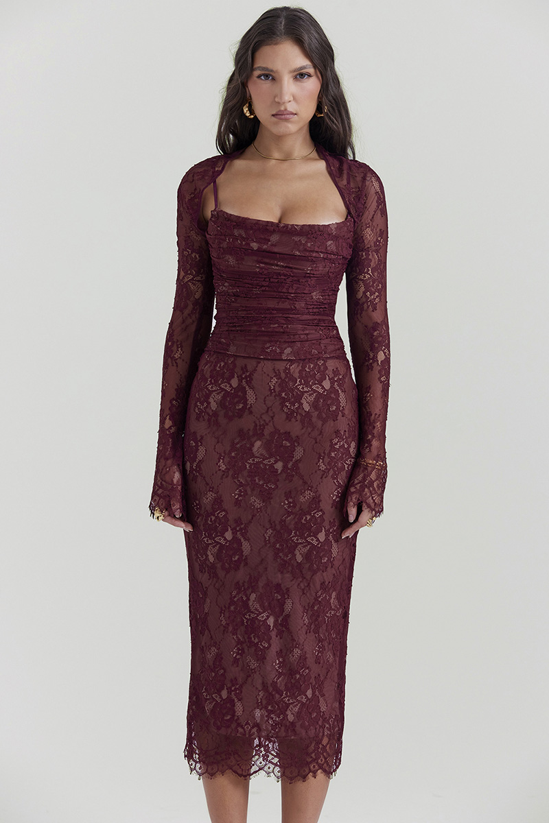 Floral Lace Shrug Ruched Slip Midi Dresses Matching Set-Burgundy-Hayhty.All Rights Reserved.