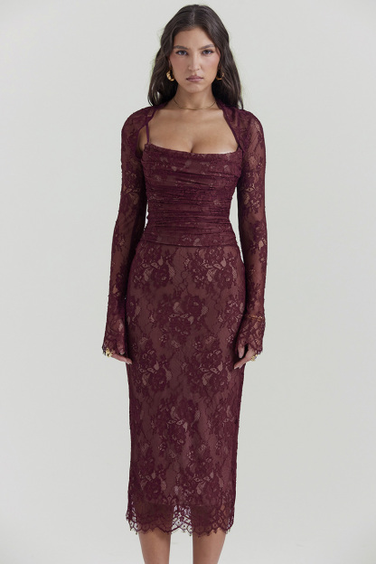 Floral Lace Shrug Ruched Slip Midi Dresses Matching Set-Burgundy-Hayhty.All Rights Reserved.