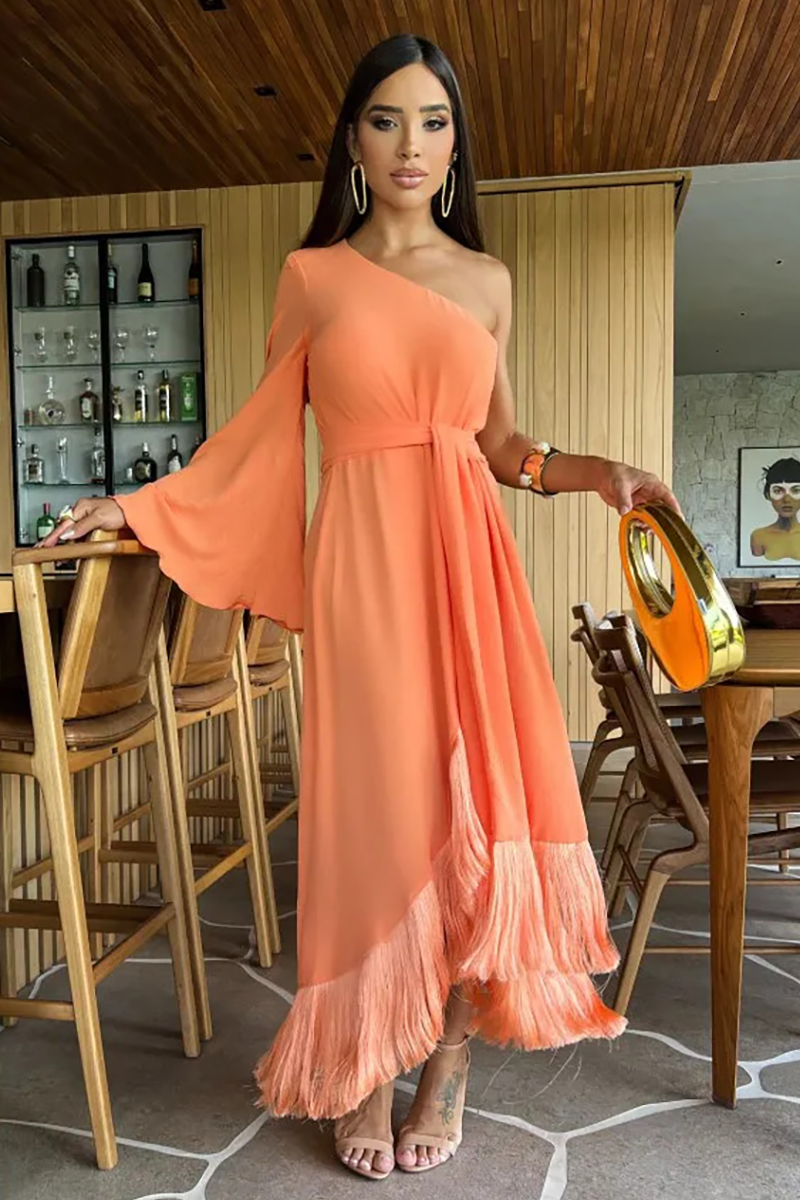 One Shoulder Bell Sleeve Tie Belt A-Line Fringed Hemline Maxi Dresses-Orange-Hayhty.All Rights Reserved.