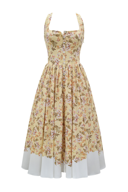 Floral Print Cinch Waist Wide Straps Bouffant Midi Dresses-Yellow-Hayhty.All Rights Reserved.