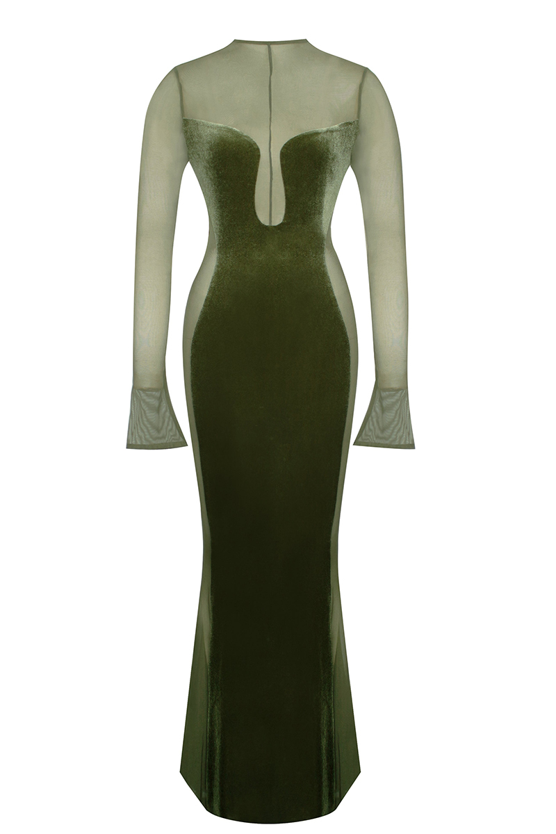 Velvet Mesh Patchwork Long Sleeve Gown Maxi Dresses-Hayhty.All Rights Reserved.