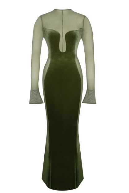 Velvet Mesh Patchwork Long Sleeve Gown Maxi Dresses-Hayhty.All Rights Reserved.