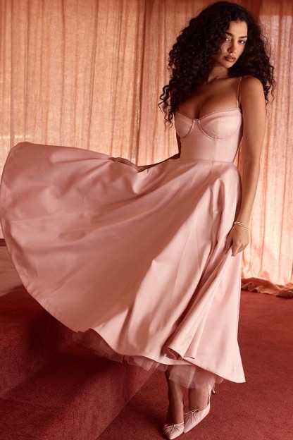 Elegant Cinch Waist Party Bridesmaid Tulle Layered Midi Slip Dresses-Pink-Hayhty.All Rights Reserved.