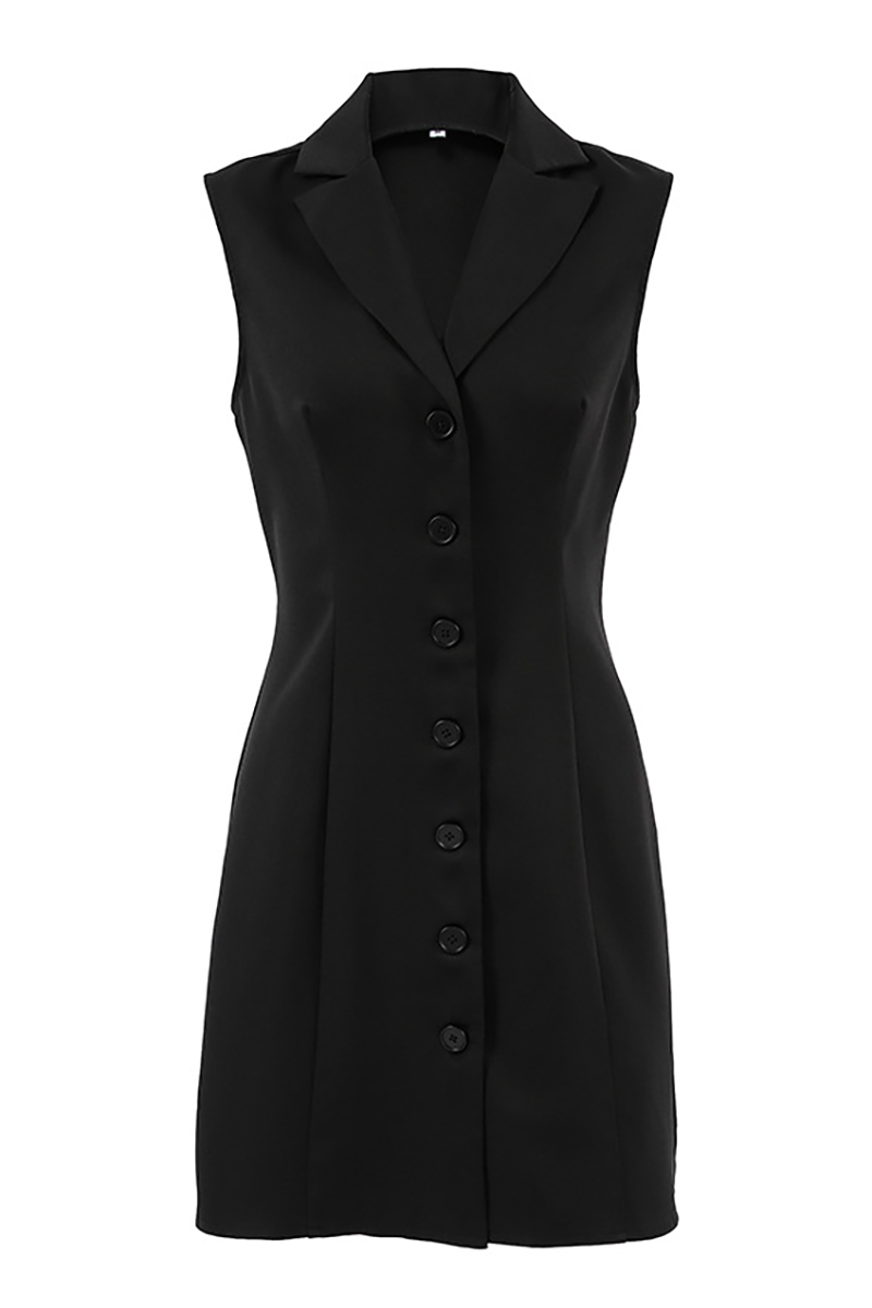 Lapel Collar Button Up Slim Fit Sleeveless Mini Dresses-Black-Hayhty.All Rights Reserved.