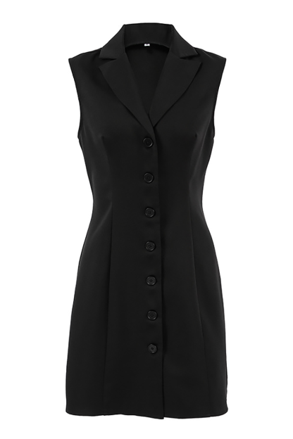 Lapel Collar Button Up Slim Fit Sleeveless Mini Dresses-Black-Hayhty.All Rights Reserved.