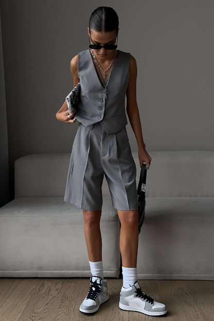 V Neck Button Up Vest Plain Shorts Matching Set-Grey-Hayhty.All Rights Reserved.