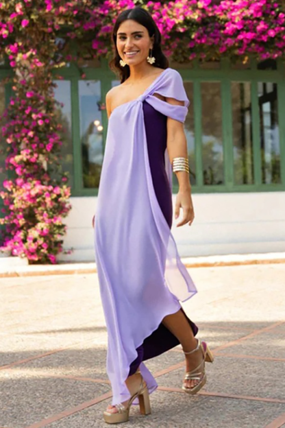 Chiffon Patchwork One Shoulder Sleeveless Asymmetric Maxi Dresses-Purple-Hayhty.All Rights Reserved.