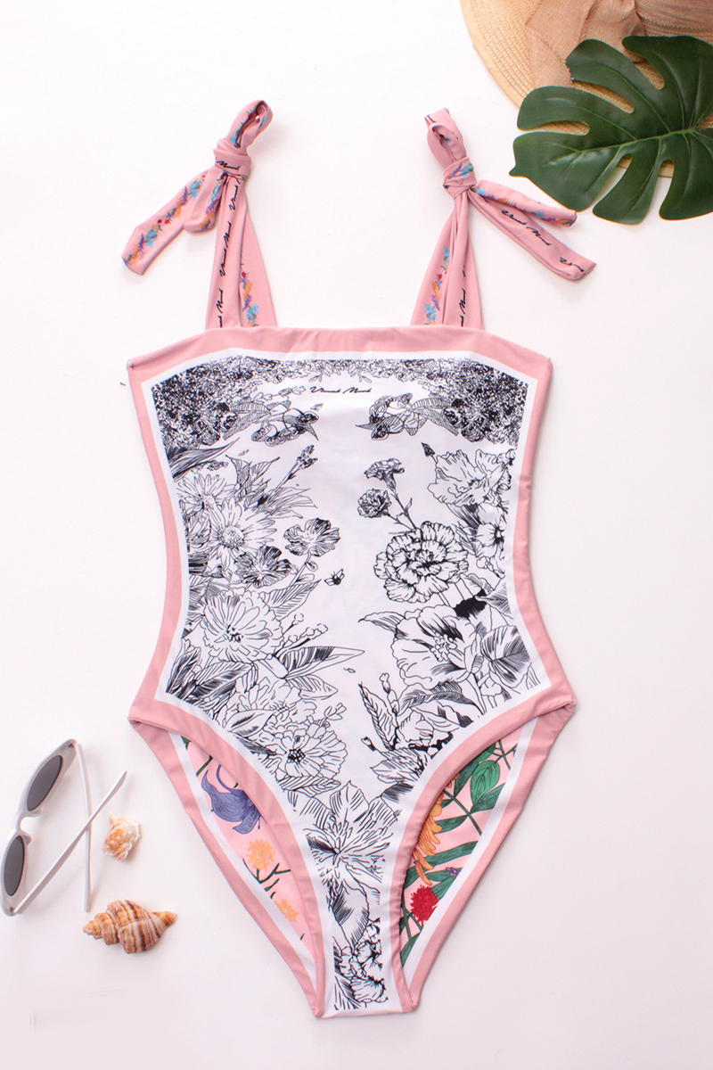 Square Neck Tide Up Straps Two-Side Floral Print One-Piece Bikini-Hayhty.All Rights Reserved.