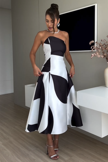 Colorblock Strapless A-Line Cocktail Party Midi Dresses-Black-Hayhty.All Rights Reserved.