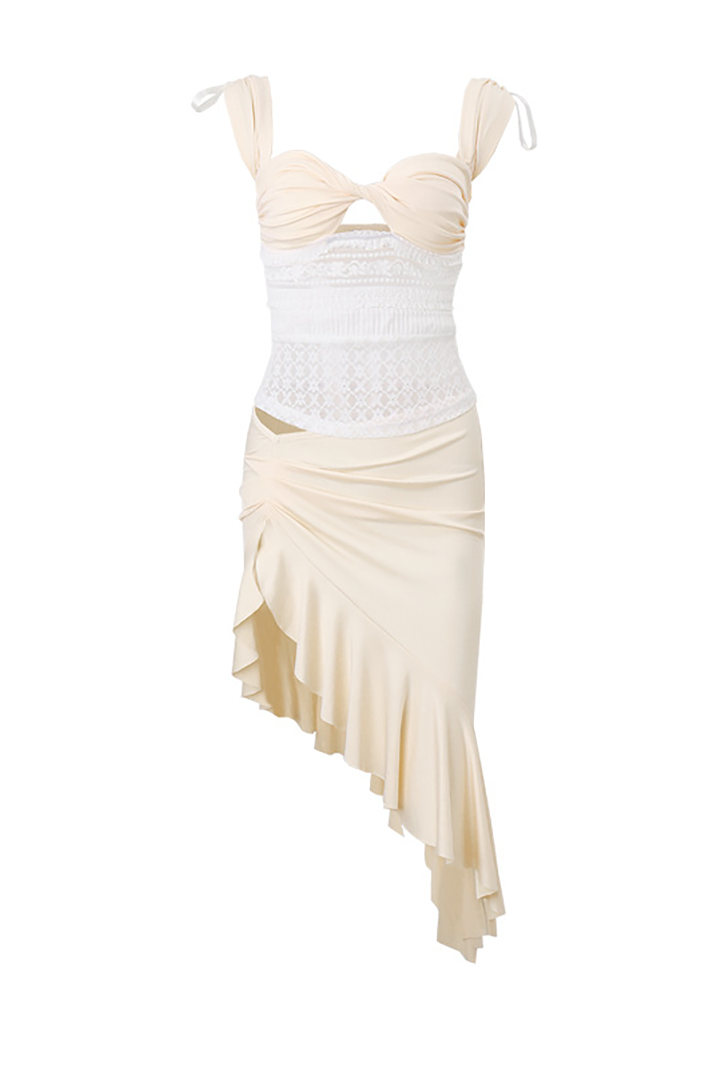 Twisted Ruched Lace Patchwork Crop Top Ruffled Midi Skirt Matching Set-Beige-Hayhty.All Rights Reserved.