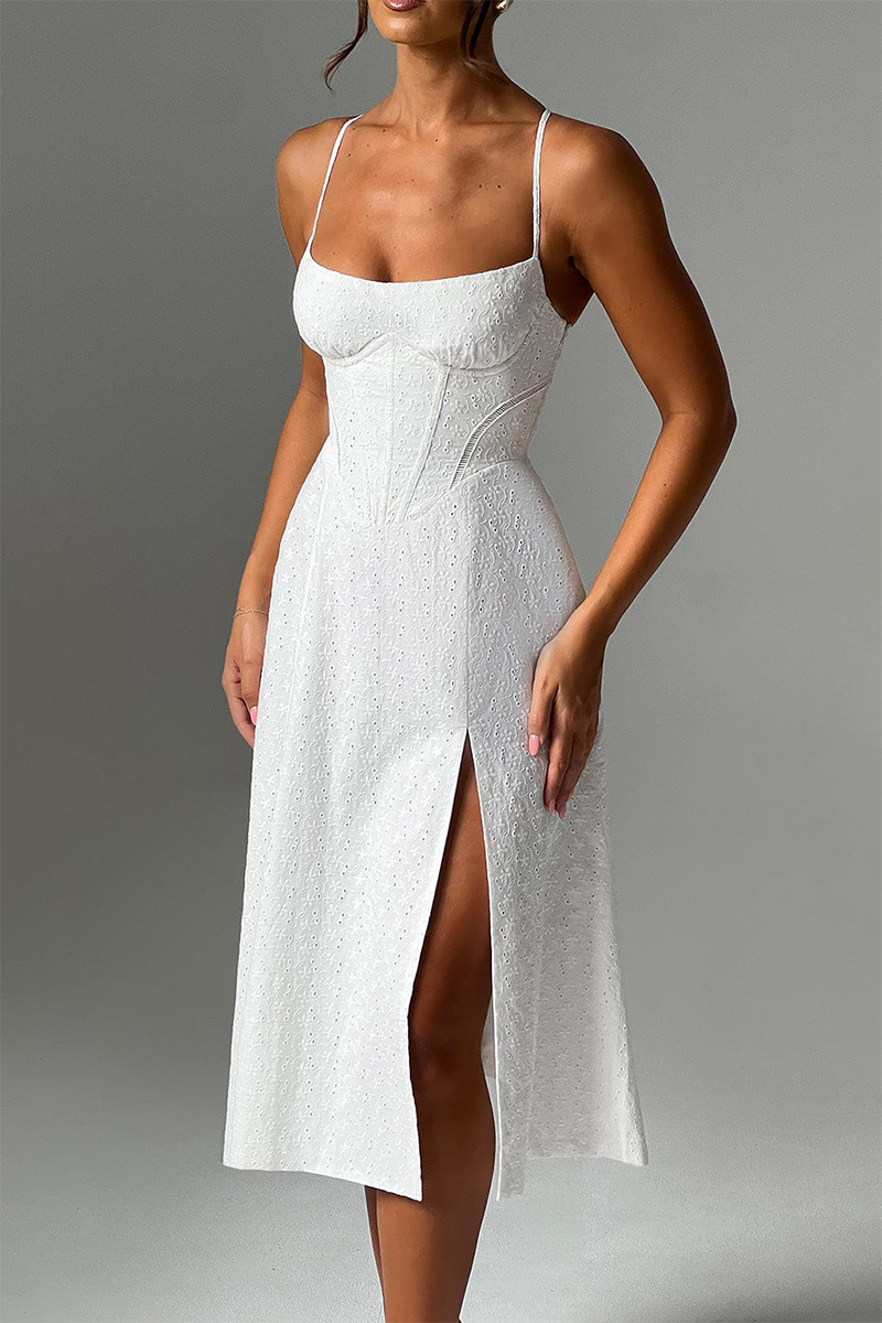 Jacquard Boat Neck Corset A-Line Slit Midi Strappy Dresses-White-Hayhty.All Rights Reserved.