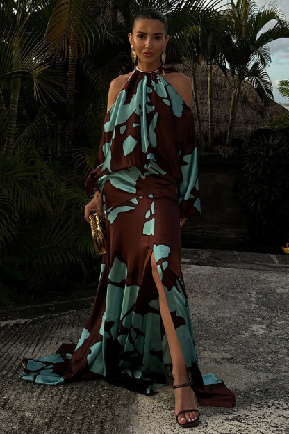 Cold Shoulder Halter Lantern Long Sleeve Cinch Waist Colorblock Maxi Dresses-Hayhty.All Rights Reserved.