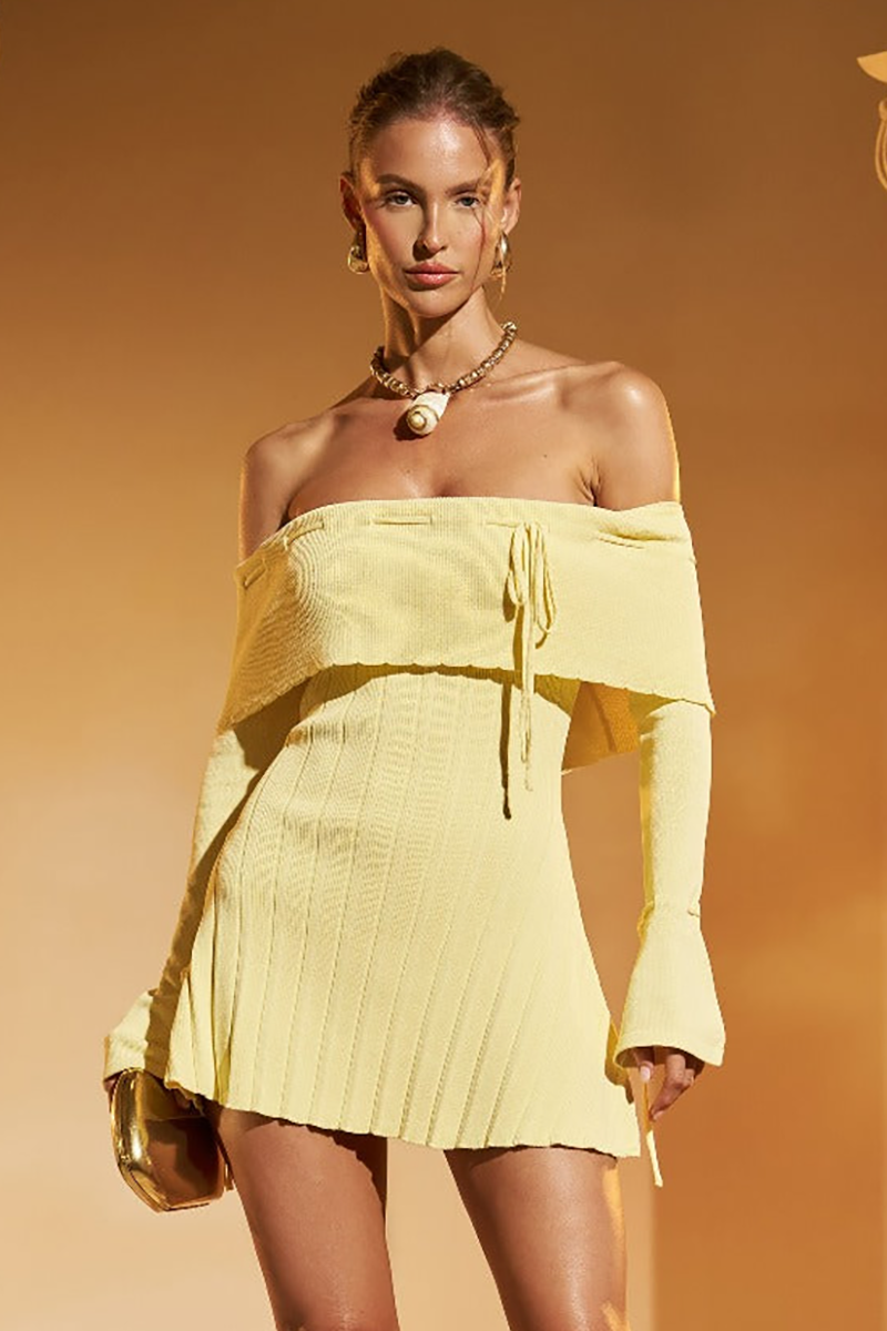 Off Shoulder Overlay Flare Sleeve A-Line Knit Mini Dresses-Yellow-Hayhty.All Rights Reserved.