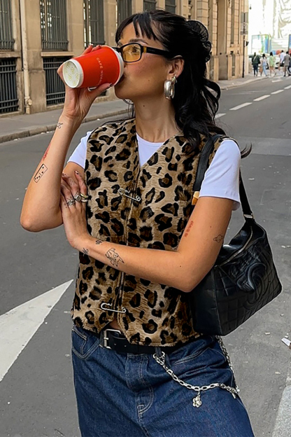 Leopard Pattern V Neck Safety Pins Outerwear Vest-LightBrown-Hayhty.All Rights Reserved.