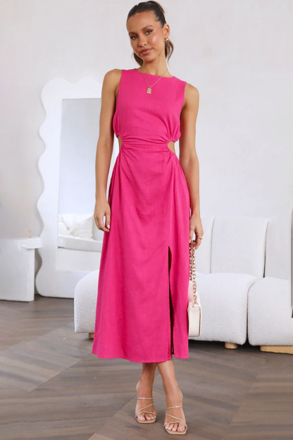 Boat Neck Cut Out A Line Sleeveless Midi Dress-Hayhty.All Rights Reserved.