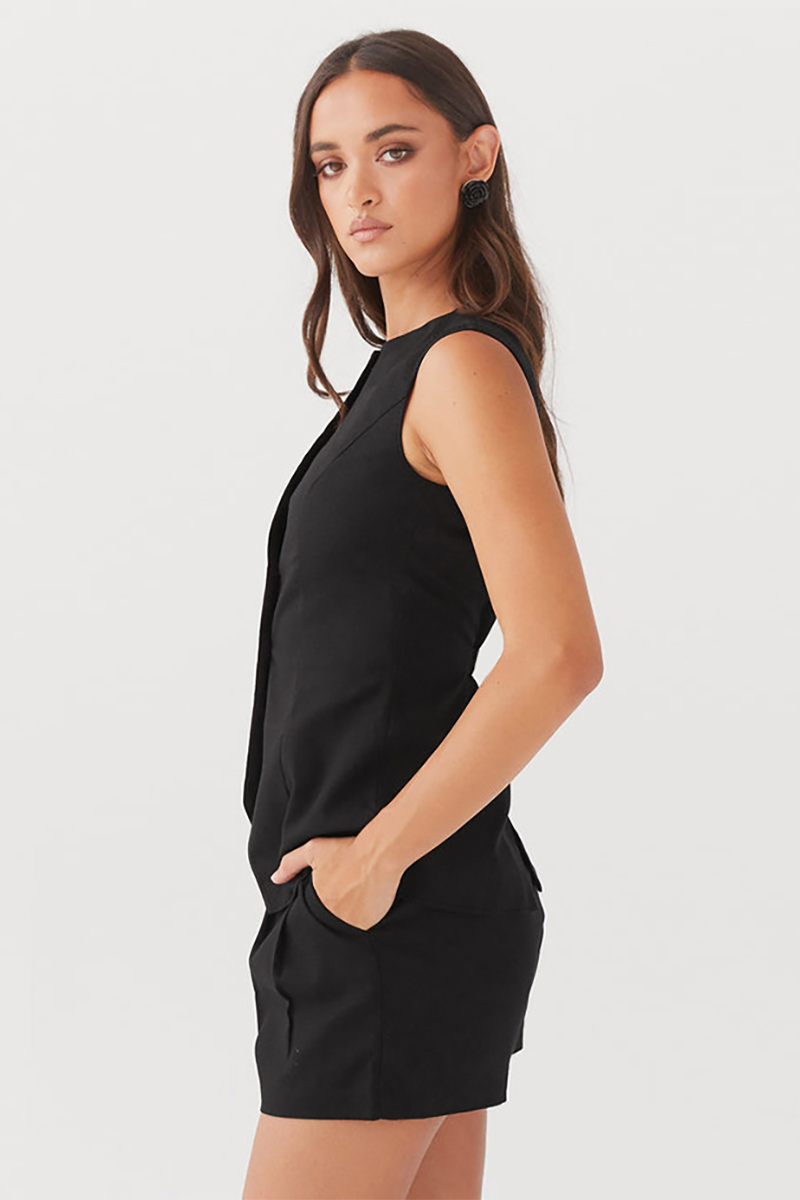 Round Neck Cinch Waist Button Up Vest Plain Shorts Matching Set-Black-Hayhty.All Rights Reserved.