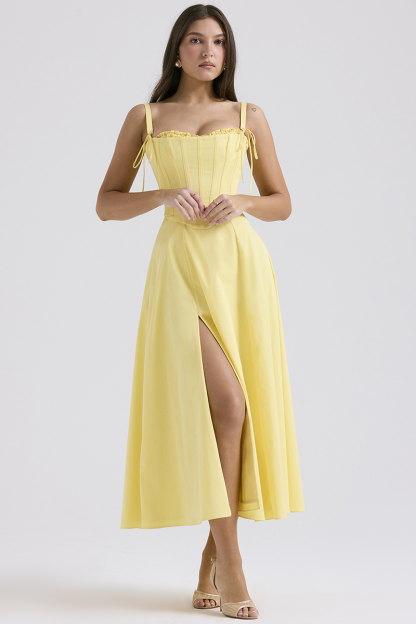Spaghetti Strap Corset A-Line Slit Hem Midi Dresses-Yellow-Hayhty.All Rights Reserved.