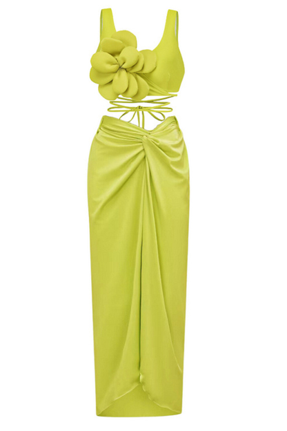 Tied Up 3D Flower Decor Bikini Top Maxi Skirt Bikini Three-Piece Set-Green-Hayhty.All Rights Reserved.
