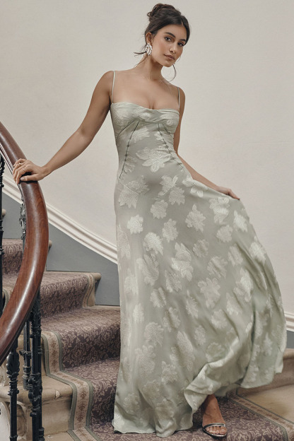 Elegant Floral Print Quilted Lace Up Back Formal Party Flowy Maxi Dresses-Green-Hayhty.All Rights Reserved.