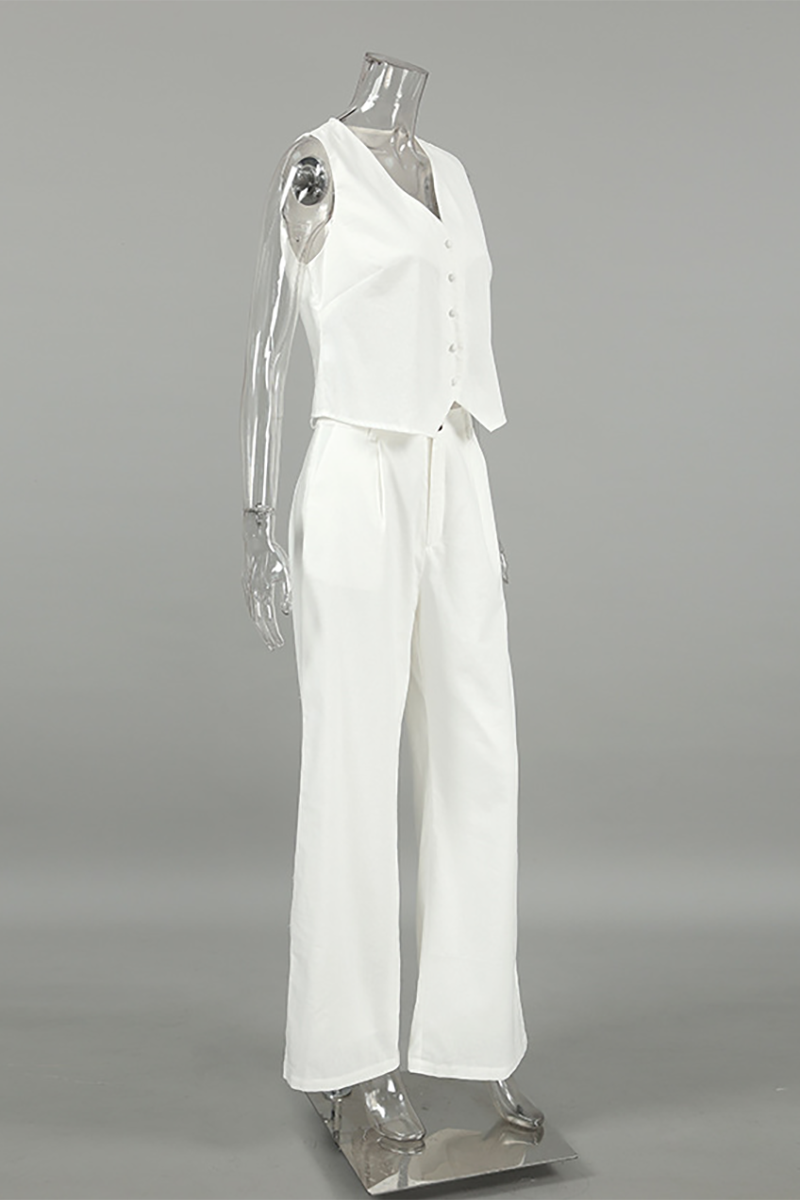 V Neck Button Up Crop Vest Plain Wide Leg Pants Matching Set-White-Hayhty.All Rights Reserved.
