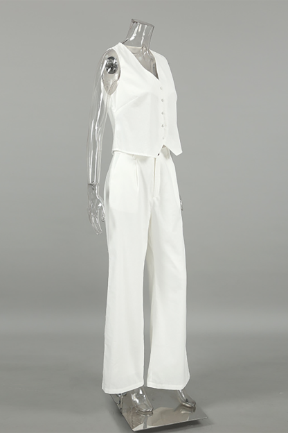 V Neck Button Up Crop Vest Plain Wide Leg Pants Matching Set-White-Hayhty.All Rights Reserved.