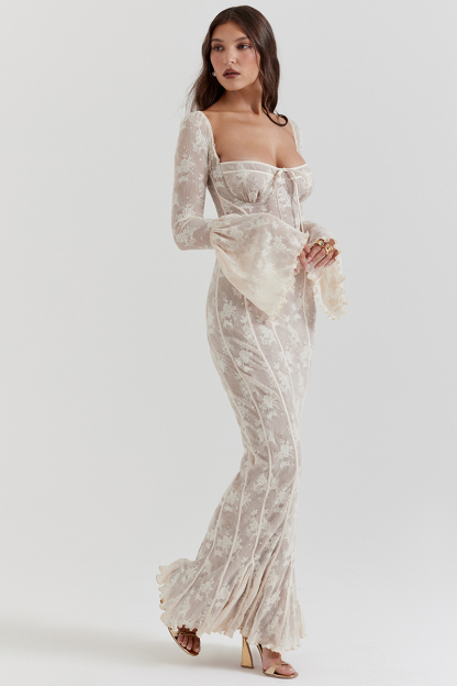 Square Neck Long Flare Sleeve Jacquard Fishtail Garden Party Maxi Dresses-White-Hayhty.All Rights Reserved.