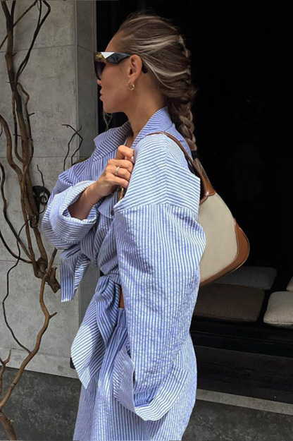 Pinstripe Turndown Collar Blouse Wide Leg Pants Matching Set-Blue-Hayhty.All Rights Reserved.