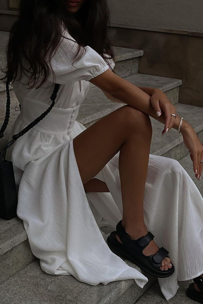 V Neck Puff Sleeve Cinch Waist Slit Hem Maxi Dresses-White-Hayhty.All Rights Reserved.