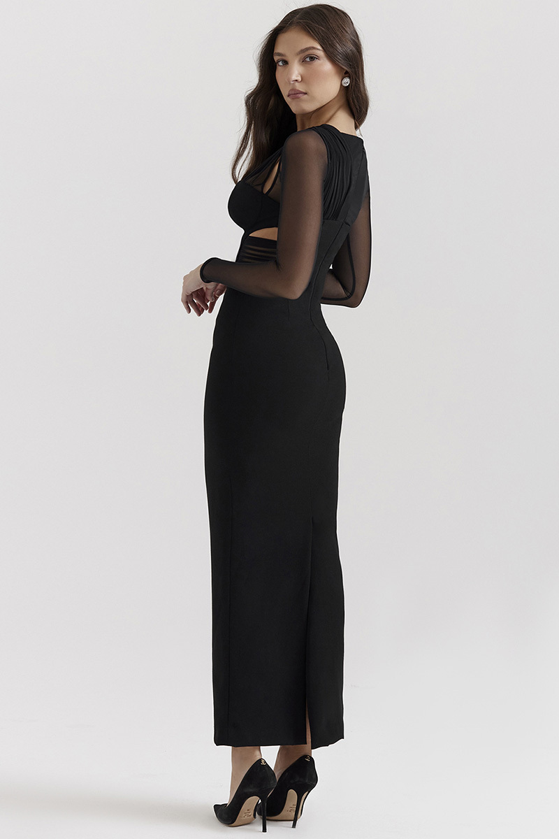 Irregular Cutout Long Sleeve Slim Fit Mesh Maxi Dresses-Black-Hayhty.All Rights Reserved.