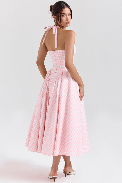 Plaid Print Halter Deep V Neck A-Line Midi Dresses-Pink-Hayhty.All Rights Reserved.