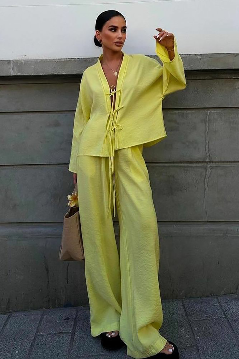 Front Tie Up Long Sleeve Top Solid Color Wide Leg Pants Matching Set-Yellow-Hayhty.All Rights Reserved.
