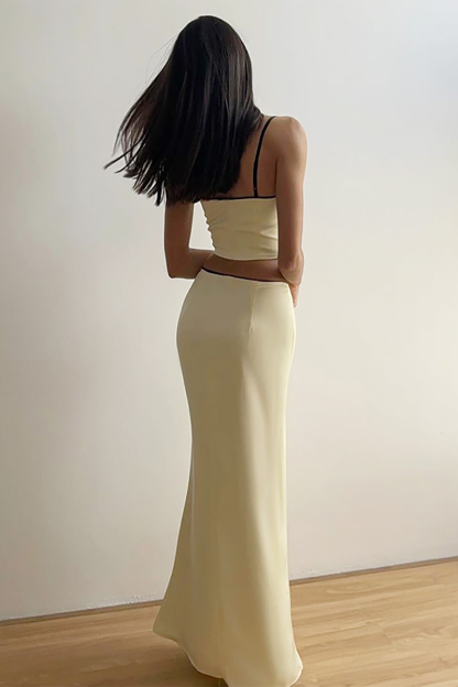 Bow Decor Crop Cami Slim Fit Fishtail Hem Maxi Skirt Matching Set-Beige-Hayhty.All Rights Reserved.