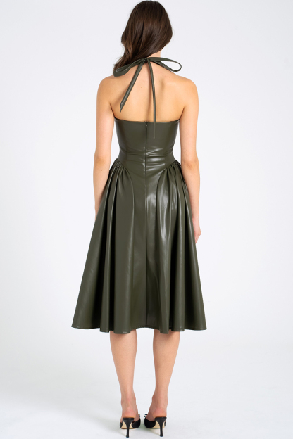 Halter Neck Corset Design Pleated Vegan Leather Midi Dresses-Olive-Hayhty.All Rights Reserved.
