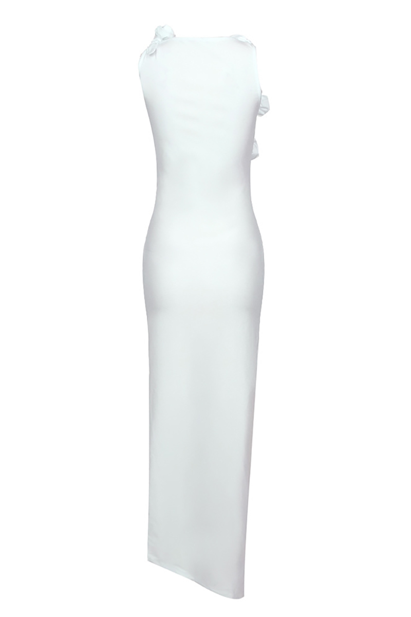 3D Flower Decor Asymmetric Neck Sleeveless Satin Formal Party High Slit Maxi Dresses-Hayhty.All Rights Reserved.