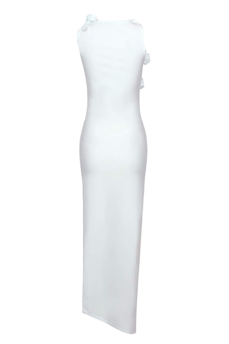 3D Flower Decor Asymmetric Neck Sleeveless Satin Formal Party High Slit Maxi Dresses-Hayhty.All Rights Reserved.