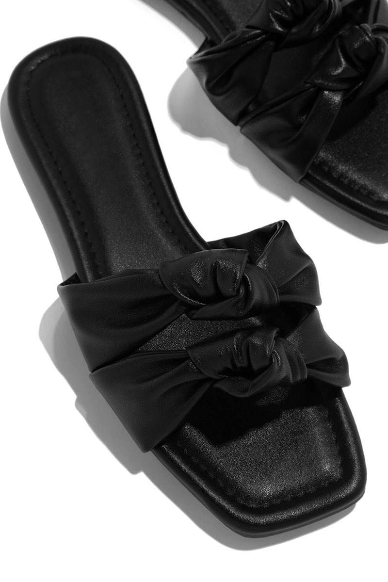 PU Leather Knotted Cutout Pleated Flat Slippers-Hayhty.All Rights Reserved.