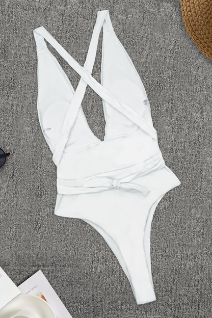 Deep V Neck Crossover Backless Tie Up One-Piece Swimsuit-Orange-Hayhty.All Rights Reserved.