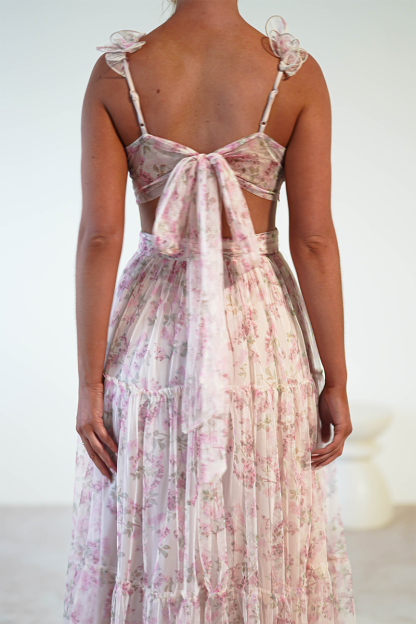 Ditsy Floral Print Frill Straps Backless Tulle Gowns Maxi Dresses-Pink-Hayhty.All Rights Reserved.
