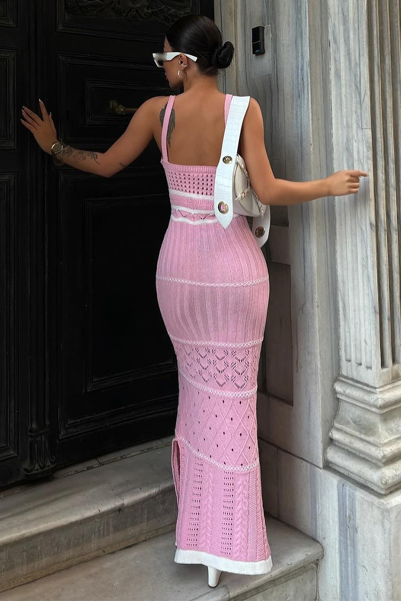 Colorblock Trim Knit Hollow Out Slit Side Maxi Slip Dresses-White-Hayhty.All Rights Reserved.