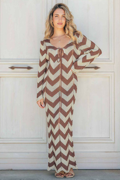Colorblock Wavy Crochet Long Sleeve Vacation Cover-Up Maxi Dresses-Black-Hayhty.All Rights Reserved.