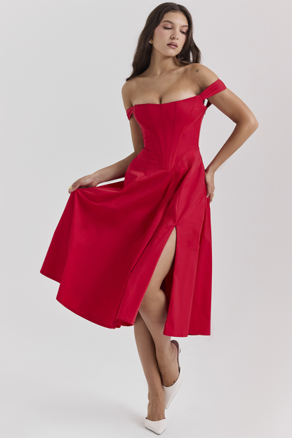 Dropped Shoulder Corset A-Line Slit Solid Color Midi Dresses-Red-Hayhty.All Rights Reserved.