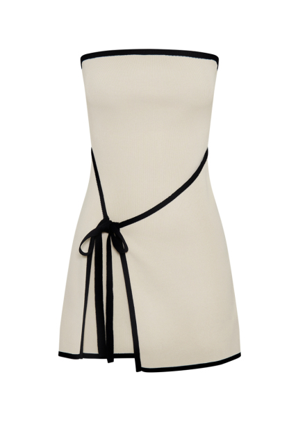 Contrast Edge Strapless Slim Fit Tie Up Knit Mini Dresses-Beige-Hayhty.All Rights Reserved.