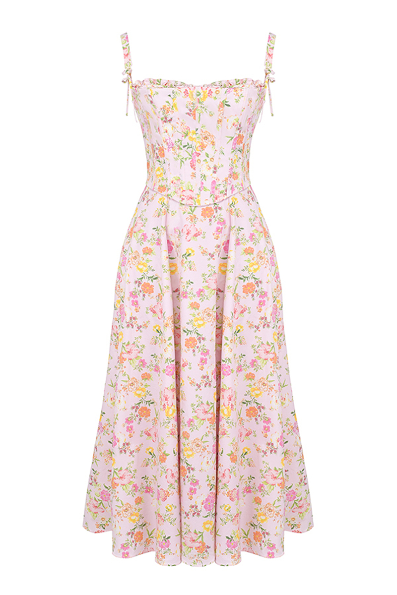 Floral Print Cami Corset A-Line Midi Dresses-Pink-Hayhty.All Rights Reserved.