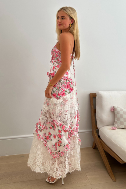 Ditsy Floral Print Deep V Neck Lace Patchwork Backless Slip Maxi Dresses-Green-Hayhty.All Rights Reserved.