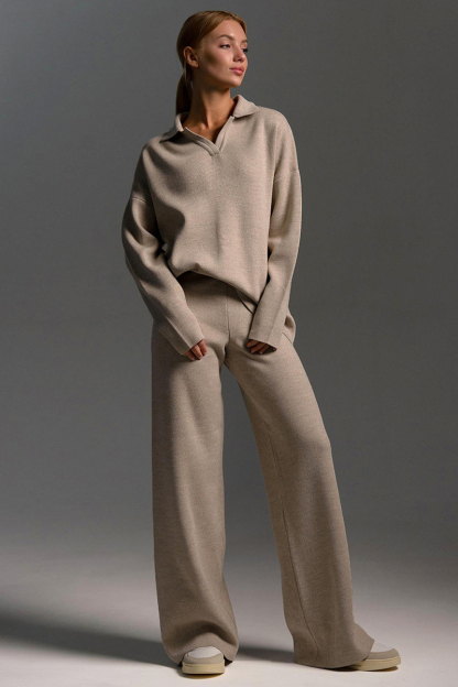 Knit Turndown Collar Sweater Plain Wide Leg Pants Matching Set-Beige-Hayhty.All Rights Reserved.