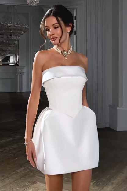 Solid Color Strapless Puffy Hem Cocktail Party Mini Dresses-White-Hayhty.All Rights Reserved.