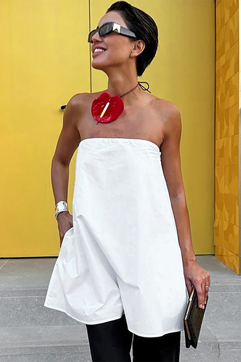 Solid Color Loose Fit A-Line Strapless Top-White-Hayhty.All Rights Reserved.